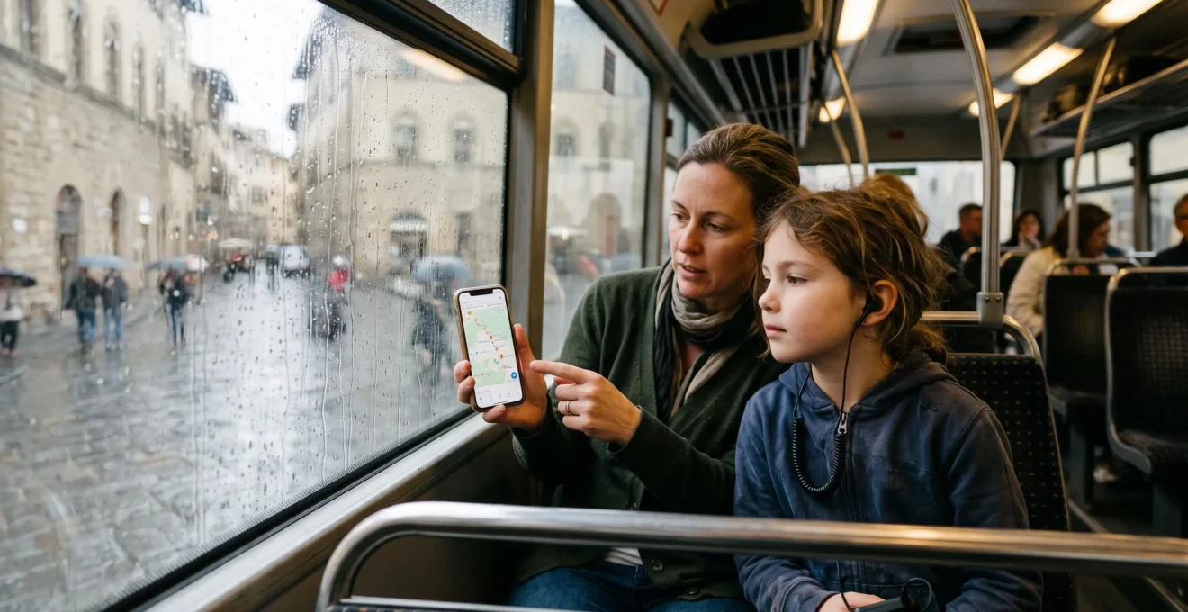 A child wearing an audioguide earpiece looks out the rain-streaked window of a covered bus deck while a parent holds a smartphone.