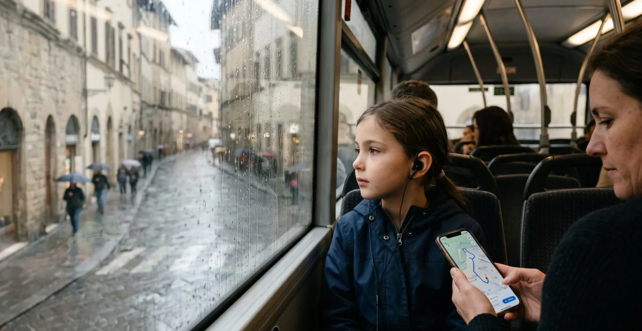 A child wearing an audioguide earpiece looks out the rain-streaked window of a covered bus deck while a parent holds a smartphone.
