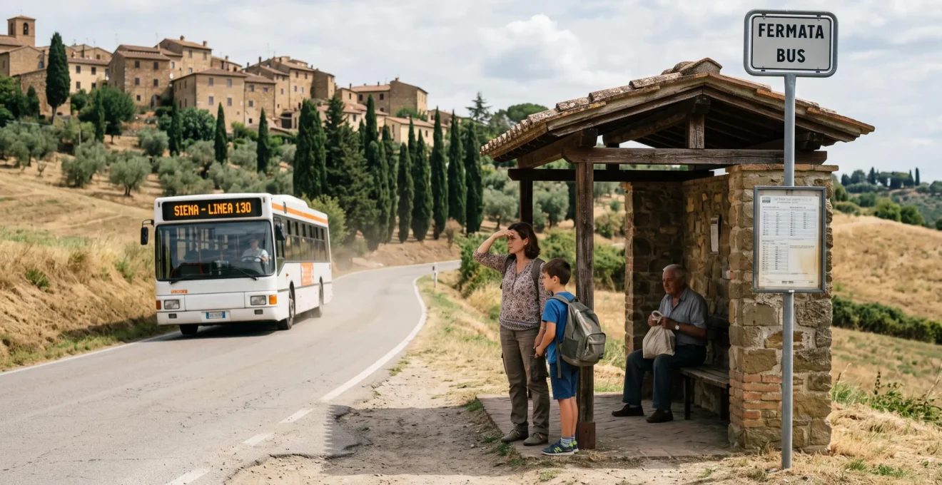 A woman and a child waiting at a local bus stop in a small Tuscan hill town as a regional bus approaches.