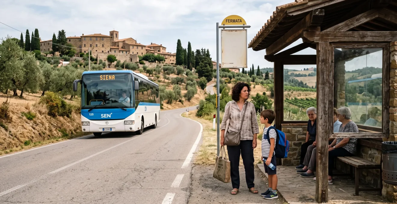 A woman and a child waiting at a local bus stop in a small Tuscan hill town as a regional bus approaches.