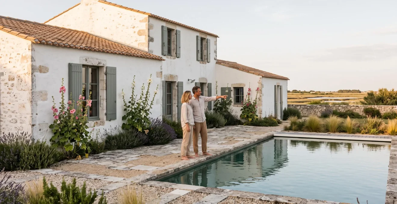 A couple inspects a whitewashed villa with a private pool on Île de Ré.