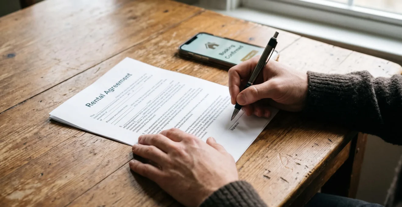Hands holding a pen over a villa rental contract on a wooden table.