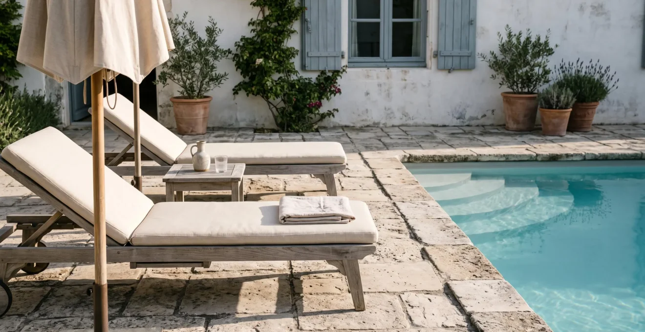 Teak loungers and a parasol on the stone terrace beside a villa pool.