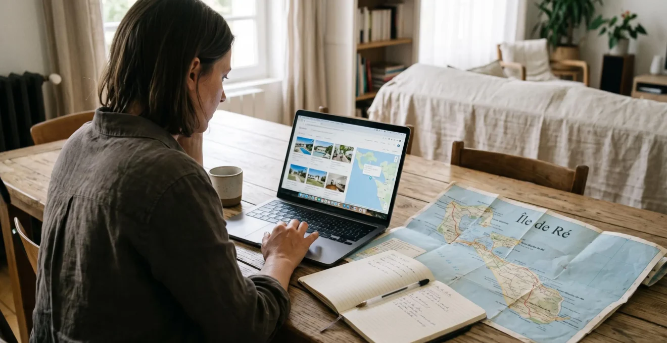 A woman compares villa rental listings on a laptop at a wooden table.